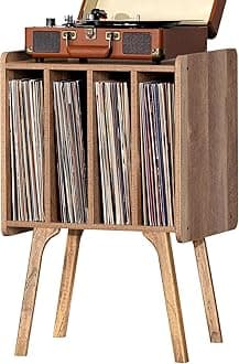 LELELINKY Small Record Player Stand - Width 11.7 In, Oak Vinyl Record Storage Table with 4 Cabinet Up to 80 Albums, Vinyl Holder with Wood Legs,Turntable Stand Display Shelf for Bedroom Living Room