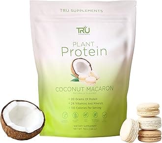 TRU Supplements Plant Based Protein Powder, BCAA, EAA, 20g Vegan Brown Rice & Pea Protein, 100 Calories, 27 Vitamins, No Artificial Flavors 25 Servings (Coconut Macaron)