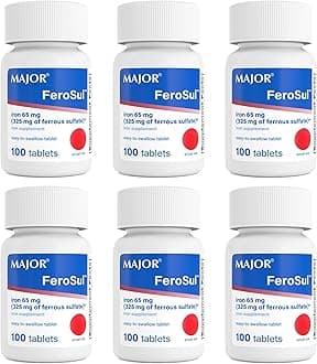 Major Ferosul - Ferrous Sulfate 325mg Tablets with 65mg of Elemental Iron - Iron Supplement for Women, Men - Red - 100 Count (6 Pack)