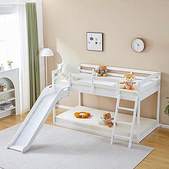 JOYMOR Bunk Bed with Curved Slide, Low Bunk Bed Twin Over Twin, Bunk Bed with Slide and Angled Ladder, Solid Pine Wood Slide Bed,14" Safety Guardrail, Anti-Slip Steps