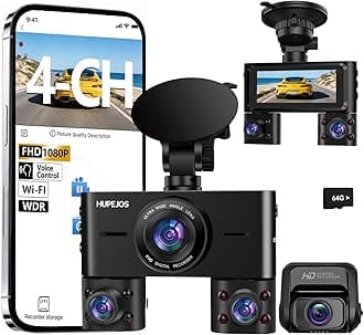 HUPEJOS 2K 4 Channel Dash Cam Front and Rear Inside, 360° View Car Camera, Dash Camera for Cars Built-in Wi-Fi, Dashcam with 64GB Card, Voice Control, WDR Night Vision, 24H Parking Mode, Mini Size, V7