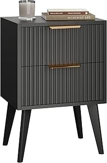 YAUKOMEL Small Black Night Stand,Mid Century Modern Bedside Table, Nightstand with 2 Drawers,Fluted Side Table with Wood Legs, End Table for Bedroom,Small Space Black11.8 D x 15.7" W x 22.8" HCTG55BK