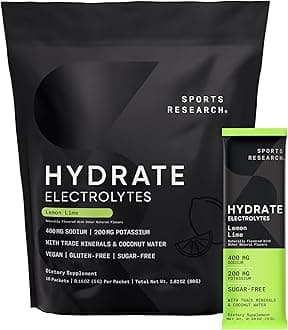 Sports Research® Hydrate Electrolytes Powder Packets - Sugar-Free & Naturally Flavored with Vitamins, Minerals, and Coconut Water - Supports Hydration - 16 Packets - Lemon Lime