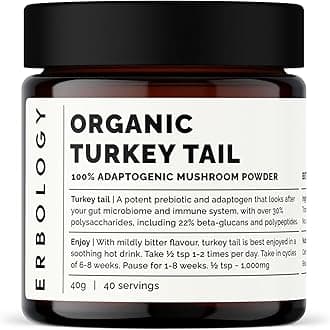 Erbology Organic Turkey Tail Mushroom Powder 40 Servings - 22% Beta-glucans - Prebiotic and Gut Nourishing - Trametes Versicolor - Small Batch - Sustainably Grown in Europe - Vegan - Non-GMO