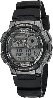 AE1000W Series | Men’s Digital Watch | 100M WR | Multi Alarms | 100 SEC Stopwatch | Countdown Timer | World Map for World Time | LED Light | LC Analog Display | 10 Year Battery