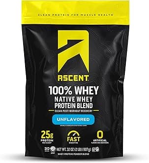 Ascent 100% Whey Protein Powder - Post Workout Whey Protein Isolate, Zero Artificial Flavors & Sweeteners, Gluten Free, 5.5g BCAA, 2.6g Leucine, Unflavored 2 lb