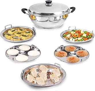 - Stainless Steel Idli Maker/Momo Maker/Multi Kadai/Steamer Set | Small, 5 Plates, 2 Idli | 2 Dhokla | 1 Steamer | 23cm/9 inch, 3Ltr, 1.7kg | 3-Layer Thick Bottom | Induction Friendly