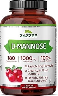 Zazzee D-Mannose, 1000 mg per Serving, 180 Vegan Capsules, 3 Month Supply, Potent & Fast-Acting, Certified Kosher, 100% Pure, All-Natural Urinary Tract Health Support, 100% Vegetarian, Non-GMO