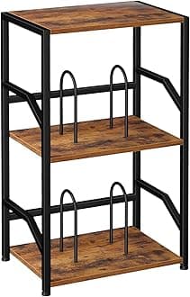 LOAKEKEL Record Player Stand, Vinyl Record Storage Up to 200 Albums, 3 Tier End Table with Removable Dividers, Tall Side Table for Living Room, Bedroom, Rustic Brown, HETCD010BR-1