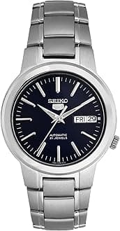 SeikoStainless Steel Men's 5 Automatic Snka05K Blue Stainless-Steel Self Wind Fashion Analog Watch, Band Color:Silver, Dial_Black