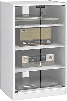 Media Cabinet, 4-Tier Stereo Cabinet for Vinyl Record Player, Gaming Console, AV Record Player Stand with Adjustable Shelves, Push-to-Open Glass Doors and Cable Management, Distressed White
