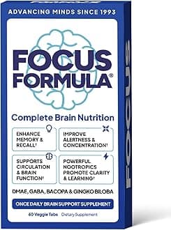 Focus Formula Nootropic Brain Supplement, Focus Capsules for Concentration, Supports Energy, Brain Booster with GABA, DMAE, and BACOPA, Memory Support Supplement, Cognitive Support, 60 Veggie Tablets