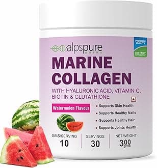 Nutra Marine Collagen/Fish Collagen Powder (300 G) with Hyaluronic acid, Vitamin C, Biotin & Glutathione | Supports Healthy Skin, Hair, Nails & Joints | Watermelon Flavour | For Men & Women