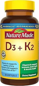 Vitamin D3 K2 Supplement, 5000 IU (125 mcg) Vitamin D for Bone, Teeth, Muscle and Immune Support, 30 D3 and K2 Softgels, 30 Day Supply
