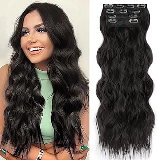 ALXNAN Clip in Long Wavy Synthetic Hair Extension 20 Inch Black Brown 4PCS Thick Hairpieces Fiber Double Weft Hair for Women