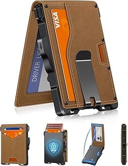 GHUKY Wallet for Men, Minimalist Slim Mens Wallet with Money Clip, RFID Blocking Smart Pop Up Card Wallet with ID Window, Compact Bifold Wallet,Metal Aluminum Credit Card Holder, Camel, Pop Up Card
