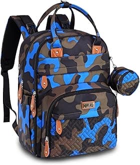 Diaper Bag Backpack, BabbleRoo Baby Nappy Changing Bags Multifunction Waterproof Travel Back Pack with Changing Pad & Stroller Straps & Pacifier Case, Unisex and Stylish (Camo Blue)