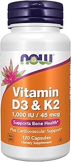 NOW Supplements, Vitamin D-3 & K-2, 1,000 IU/45 mcg,Plus Cardiovascular Support*, Supports Bone Health*, 120 veg Capsules