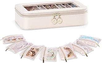 Lolalet 8 in 1 Travel Jewelry Case with Velvet Pouches, Clear Window Travel Jewelry Organizer Bags for Earrings, Bracelets, Necklaces and Rings, Compact Jewelry Storage for Women Girls -Beige, 7PCS