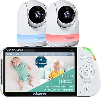 Babysense 5.5” 1080p Full HD Split-Screen Baby Monitor, Video Baby Monitor with Camera and Audio, Two PTZ Cameras, RGB Night Light, 300m Range, Two-Way Audio, 4x Zoom, 5000mAh Battery