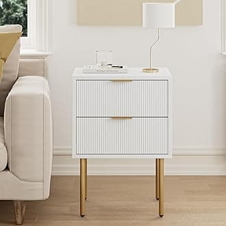 Nightstand,Mid-Century Modern Bedside Table with 2 Storage Drawer,Small Gold Frame Side End Table for Bedroom,Living Room, White