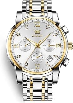 Men's Chronograph Watch, Gold Silver Tone Stainless Steel Analog Quartz Watch, Multi-Function Waterproof Date Diamond Roman Numerals Dial Dress Watch for Men