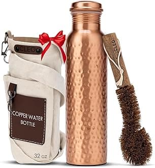 CLEO HOME 100% Pure Copper Water Bottle for Drinking, 32 Oz Hammered Ayurvedic Copper Bottle for Drinking Water | Leak-Proof & Eco-Friendly | For Yoga, Office, Travel with Canvas Carry Bag & Brush