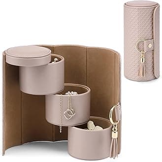 Vlando Travel Jewelry Box, Travel Jewelry Case for Women Girls, Earring organizer Necklacke Organizer Ring Organizer Box with Hand-held Design for Travelling - Grey+Khaki Inner