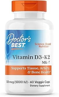 Vitamin D3 + K2 (Vitamin K2 as MK-7), Supports Bone, Tissue, & Arterial Health, Calcium Absorption • Non-GMO • Gluten Free • Vegetarian, 5000 IU, 60 Veggie Caps