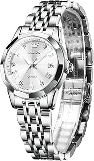 Ladies Watch - Waterproof Popular Analog Quartz Fashion Simple Women's Wrist Watch with Crystal Arabic/Roman Numeral Dial, Date and Day, Business Watch with Stainless Steel Band - Easy to Read