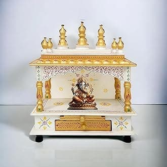 Hindu Hand Crafted Wooden Puja Mandir with Drawer Religious Home Decor Wood Art and Craft Temple for Home/Office