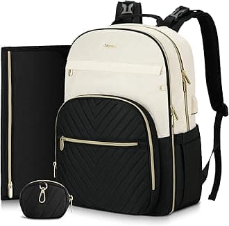 MOMUVO Diaper Bag Backpack, Quilted Baby Bag with Changing Pad & Stroller Straps & Pacifier Case, Multifunction Waterproof Travel Diaper Bags, Unisex, Black Beige