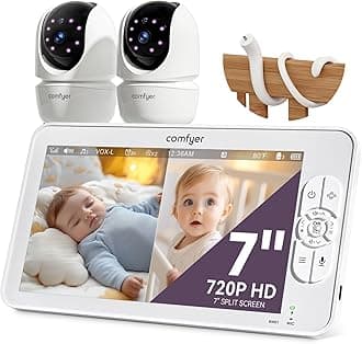 Comfyer BM01 7" HD Split-Screen Baby Monitor with 2 1080P Cameras, 48 Hrs 6000mAh Battery Runs 2 Days in VOX Mode, No WiFi Monitor with a Flexible Bracket, 2 Way Audio, Remote PTZ, Auto Night Vision