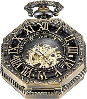 Antique Mechanical Pocket Watch for Men，Irregular Octagon Skeleton Pocket Watch, Roman Numeral Dial with Chain + Box