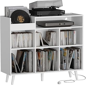 Large Record Player Stand with Vinyl Storage Cabinet, Wood Turntable Table Open Shelf Holder Up to 500 Albums Cube Storage Organizer for Living Room, Office, White