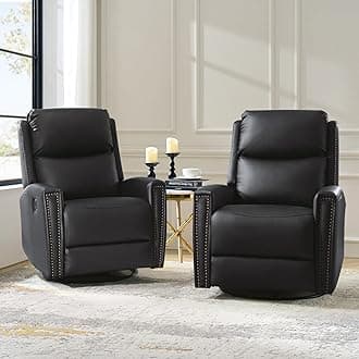 HULALA HOME Genuine Leather Swivel Rocker Recliners Set of 2, Manual Glider Recliner Chairs with Adjustable Backrest & Footrest, Black