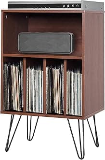 Tangkula Record Player Stand, Turntable Stand with Metal Legs, Vinyl Record Storage Cabinet w/ 5 Open Shelves Holds up to 150 Albums for Living Room Bedroom, Vintage End Table, 21 x 18 x34 In (Brown)