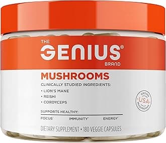 Genius Mushroom Supplement - Full-Spectrum Lion’s Mane, Cordyceps, Reishi -Daily Brain Nootropic for Energy, Focus, Memory & Overall Wellness - 180 Capsules – Organic for Mental Clarity & Performance
