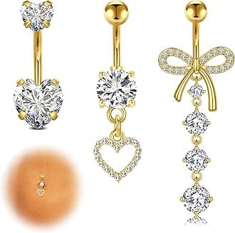 LAURITAMI 14G Dangle Belly Button Rings - Surgical Steel Silver and Rose Gold CZ Piercing Jewelry for Women