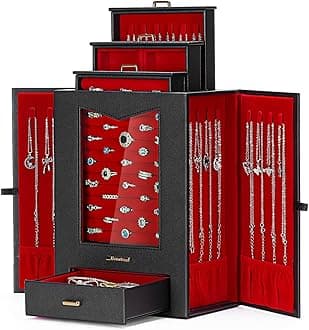 Homde Jewelry Organizer with Transparent Window Necklace Hooks Gift for Women Jewelry Box Display Case for Necklaces Rings Earrings Bracelets and Other Jewelry Accessories (Black + Red +Gold)