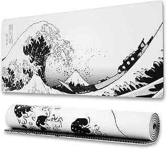 Ovenbird Extended Gaming Computer Mouse Pad, Large White Mouse Pad for Desk, Cute Anime Japanese Great Wave Desk Pad for Keyboard and Mouse, White, 31.5 x 11.8 x 0.12 inches