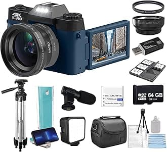 Acuvar 4K 56MP Digital Camera Kit for Photography, Vlogging Camera for YouTube with Flip Screen, WiFi, Wide Angle & Macro Lens, 64GB Micro SD Card, 50" Tripod, Case, Card Reader, Microphone, LED