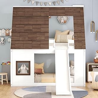 Twin House Bunk Bed with Slide, Window and Ladder, Wooden Roofed Bunkbeds for Kids Teens, Low Floor Bedframe, Twin Over Twin, White+Brown