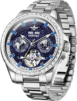 OUPINKE Watch for Men Automatic Wristwatch Diamond Sapphire Crystal Skeleton Luminous 3D Dial with 5ATM Waterproof Luxury Stainless Steel Strap