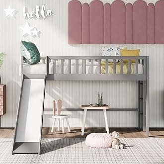 Bellemave Twin Size Loft Bed for Kids,Low Loft Bed with Slide and Ladder,Wood Loft Bed Twin for Girls Boys,Grey