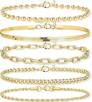 Poxtex Gold Bracelets for Women, 14K Real Gold Ornate 7"+2" Adjustable Multi-layer Trendy Bracelets Set for Women Waterproof Including Beads, Cuban, Paper Clip, Snake, Rope, Figaro,, One Size, Copper