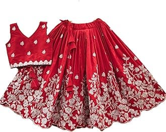 Girls Readymade Crop Top With Lehenga - Taffeta Silk Embroidered Lehenga Choli - Perfect for Ethnic, Party & Wedding - Traditional Dress (RED, 7 TO 8 YEARS)