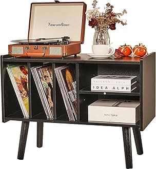 Record Player Stand with Vinyl Storage Holds Up to 300lb, Large Record Player Table Cabinet for Album Storage with Holder Vinyl Display Shelf, Wood Turntable Stand for Bedroom Living Room (Black)