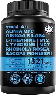 - 12-in-1 Nootropic Brain Supplement Anhydrous: Ginkgo Biloba for Brain Support, Memory and Focus - B12, Alpha GPC, L Theanine and Choline Supplements with Bioperine Non Caffeinated 1321mg (60ct)