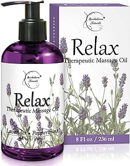 Relax Therapeutic Body Massage Oil - with Best Essential Oils for Sore Muscles & Stiffness – Lavender, Peppermint & Marjoram - All Natural - with Sweet Almond, Grapeseed & Jojoba Oil 8oz